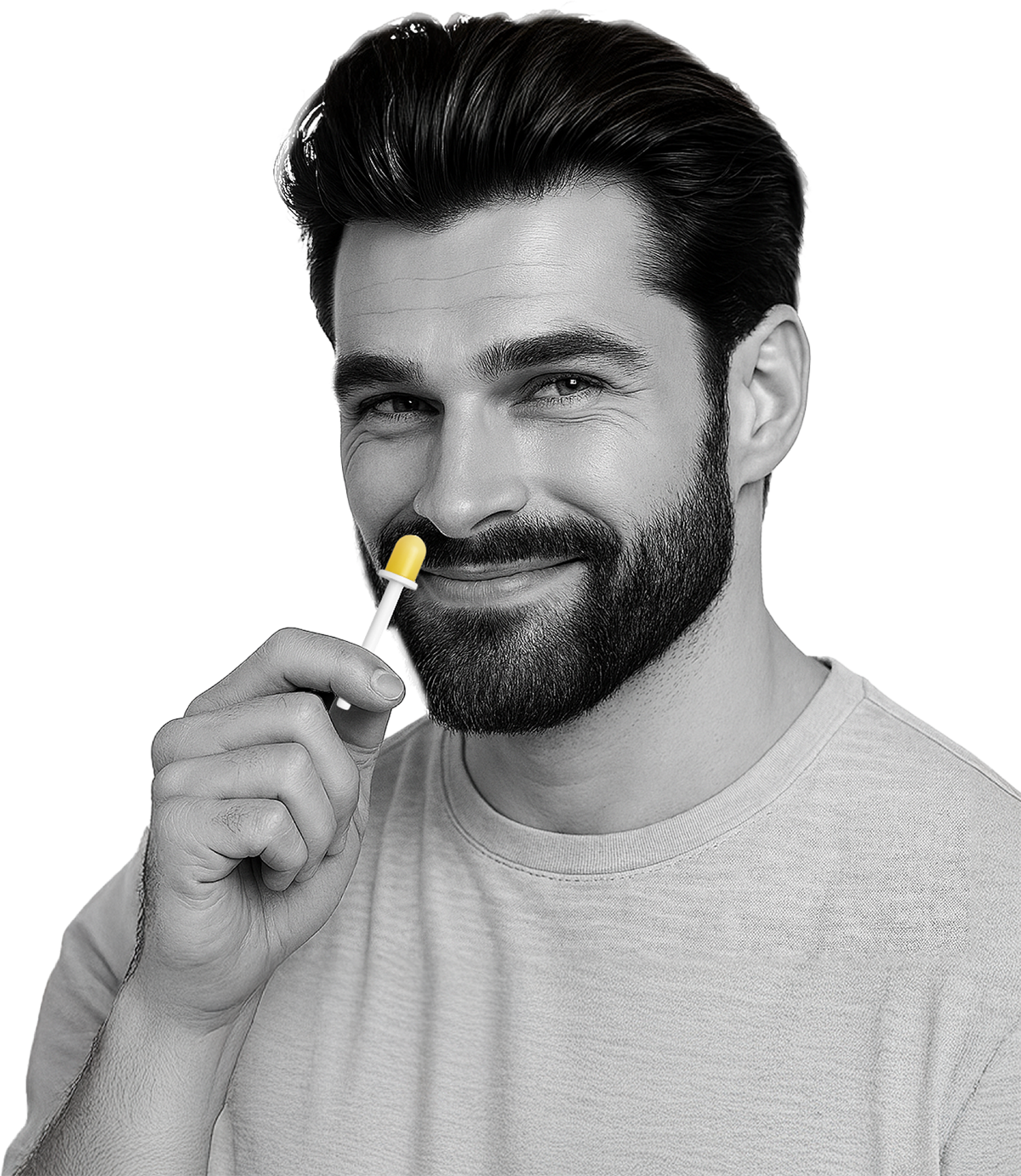 Ein Mann hält den Wachsstick in die Richtung seiner Nase.